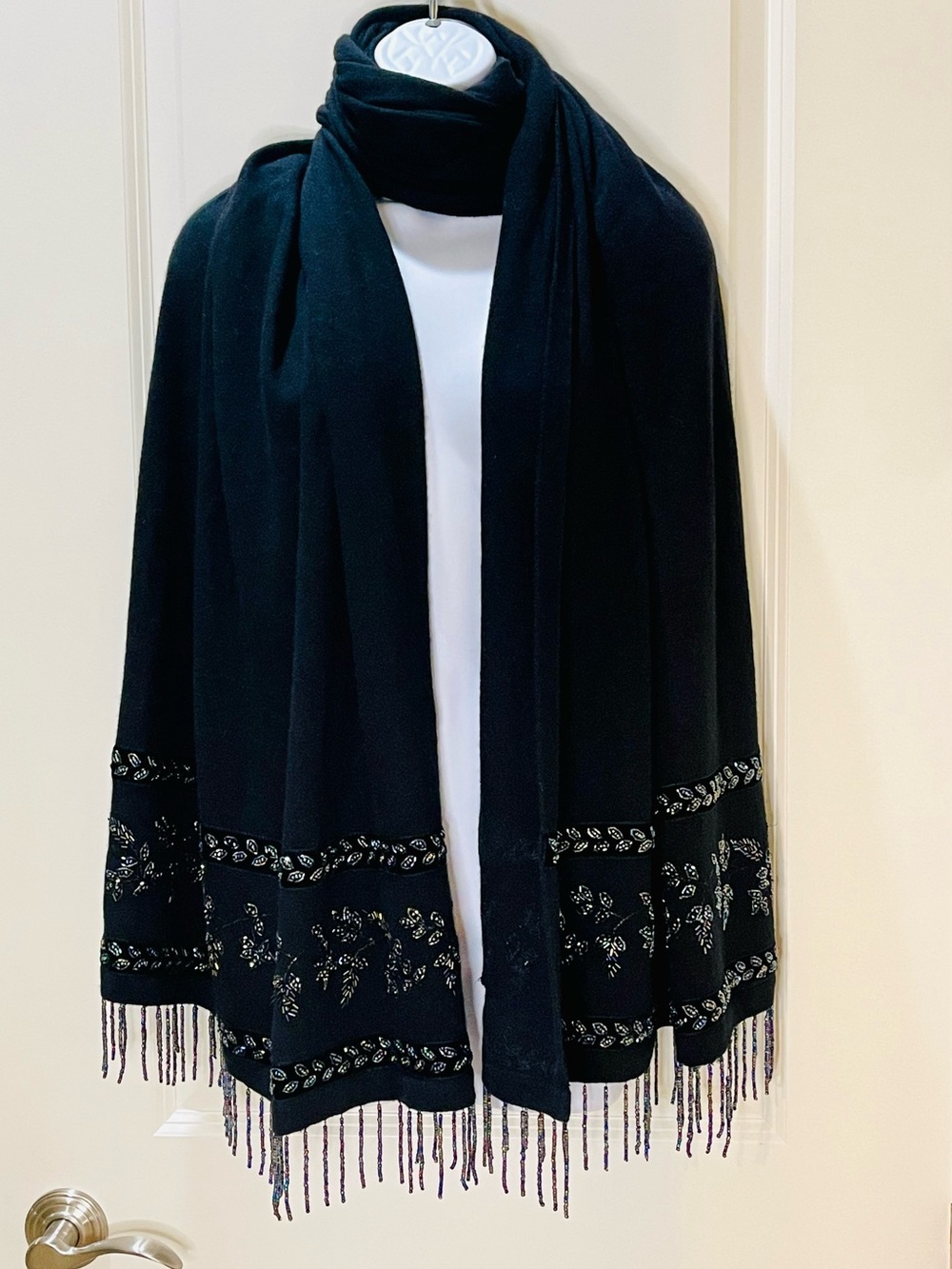Lord & Taylor Black 100% Cashmere Beaded Evening Wrap Scarf Shawl Vintage